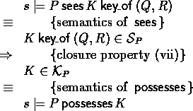 \begin{calc}
% latex2html id marker 518
\xpr{s \models P \sees \key{Q}{R}{K}}
\z...
 ...}
\z{\equiv}{semantics of $\possesses$}
\xpr{s \models P \possesses K}\end{calc}