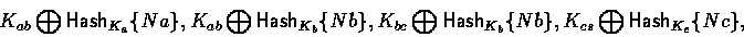 \begin{displaymath}
K_{ab} \bigoplus \mathsf{Hash}_{K_a}\{Na\}, 
K_{ab} \bigoplu...
 ...Hash}_{K_b}\{Nb\},
K_{cs} \bigoplus \mathsf{Hash}_{K_c}\{Nc\}, \end{displaymath}