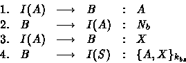 \begin{displaymath}
\begin{array}
{llclcl}
 {\rm 1.} & I(A) & \longrightarrow & ...
 ...& \longrightarrow & I(S) &:& \{ A, X \}_{k_{bs}} 
 \end{array} \end{displaymath}