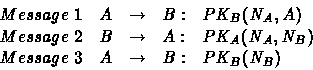\begin{displaymath}
\begin{array}
{llllll}
& Message \ 1& A & \rightarrow & B: &...
 ...)\\ & Message \ 3 & A & \rightarrow & B: & PK_B(N_B)\end{array}\end{displaymath}