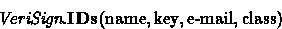 \begin{displaymath}
\textit{VeriSign}.\textbf{IDs}(\textrm{name},\textrm{key},\textrm{e-mail},\textrm{class})\end{displaymath}