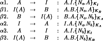 \begin{figure}
\begin{displaymath}
\begin{array}
{rccccl}
\alpha 1. & A & \right...
 ...tarrow & B & : & A.B.\{ N_{b} \}_{K_{B}}\end{array}\end{displaymath}\end{figure}