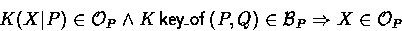 \begin{displaymath}
\encrypt{X}{K}{P} \in \Once_P \land \key{P}{Q}{K} \in \Believes_P
 \Rightarrow X \in \Once_P\end{displaymath}