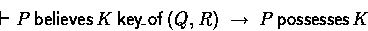 \begin{displaymath}
\derives P \believes \key{Q}{R}{K} \implies P \possesses K \end{displaymath}