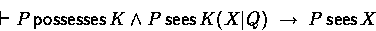 \begin{displaymath}
\derives P \possesses K \land P \sees \encrypt{X}{K}{Q} 
 \implies P \sees X \end{displaymath}