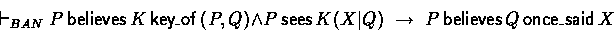 \begin{displaymath}
\banderives P \believes \key{P}{Q}{K} \:\land\: P \sees \encrypt{X}{K}{Q}
 \implies P \believes Q \oncesaid X \end{displaymath}