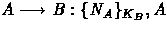 $A \longrightarrow B: \{N_A\}_{K_B},A$