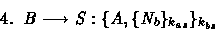 \begin{displaymath}
{\rm 4.}\;\;B\longrightarrow S: 
 \{ A, \{ N_b \}_{k_{as}} \}_{k_{bs}} 
 \end{displaymath}