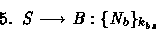\begin{displaymath}
{\rm 5.}\;\;S\longrightarrow B: 
 \{ N_b \}_{k_{bs}} 
 \end{displaymath}