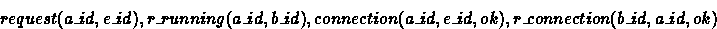 \begin{displaymath}
request(a\_id,e\_id), r\_running(a\_id,b\_id), connection(a\_id,e\_id,ok),
r\_connection(b\_id, a\_id , ok) \end{displaymath}